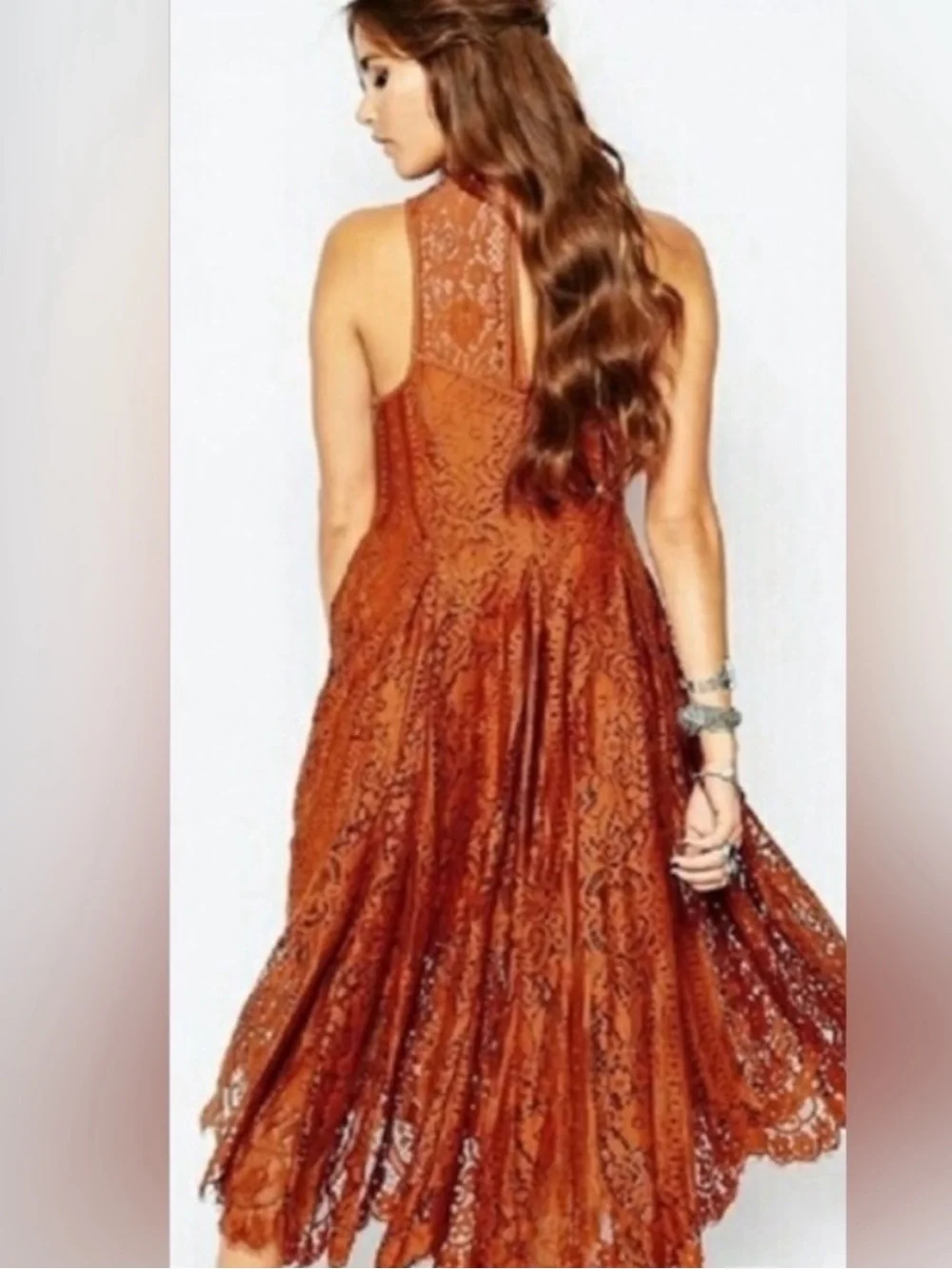 Free People Angel Ray Scalloped Lace Sleeveless Midi Dress Copper/Rust Orange XS